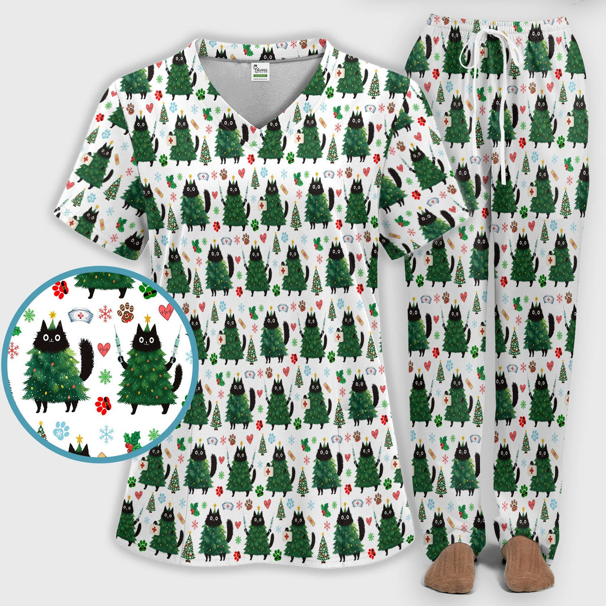 Christmas Black Cat Nurse Scrub Set