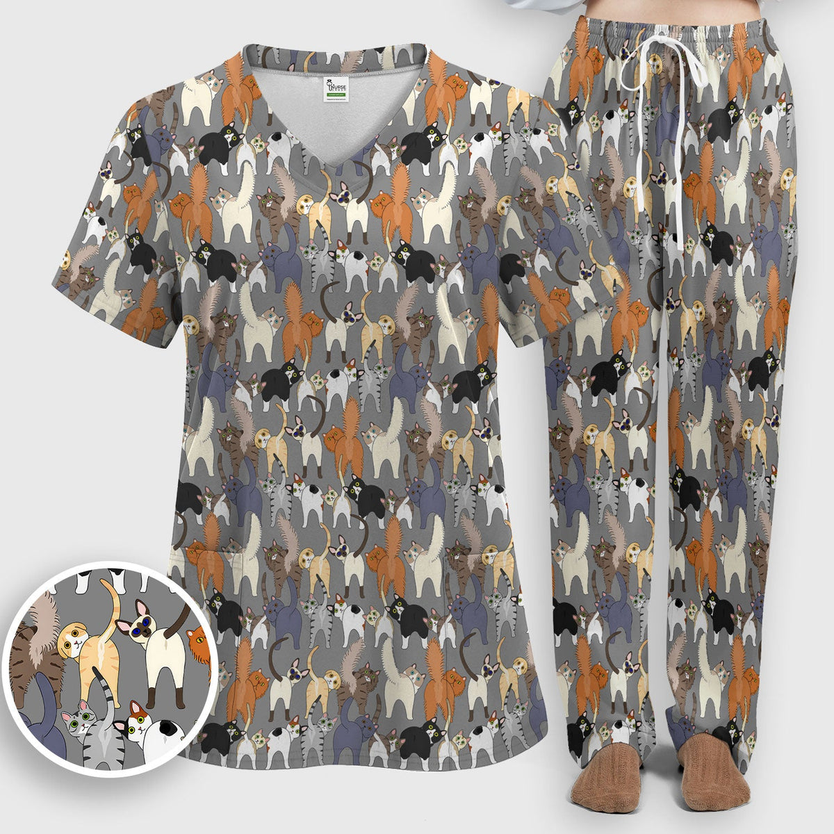 Whimsical Multicolor Cat Cartoon Nurse Scrub Set