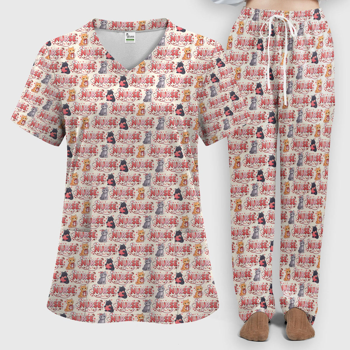 Cat Heart Nurse Scrub Set - Valentines Day Gift