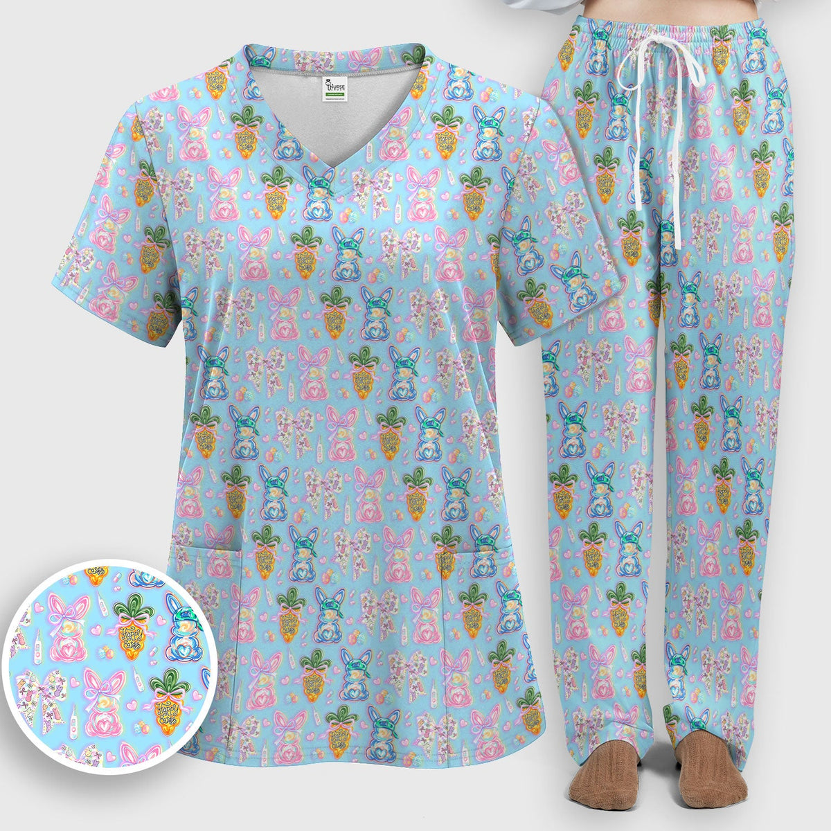 Bunny Carrot Bow Nurse Scrub Set - Easter Gift
