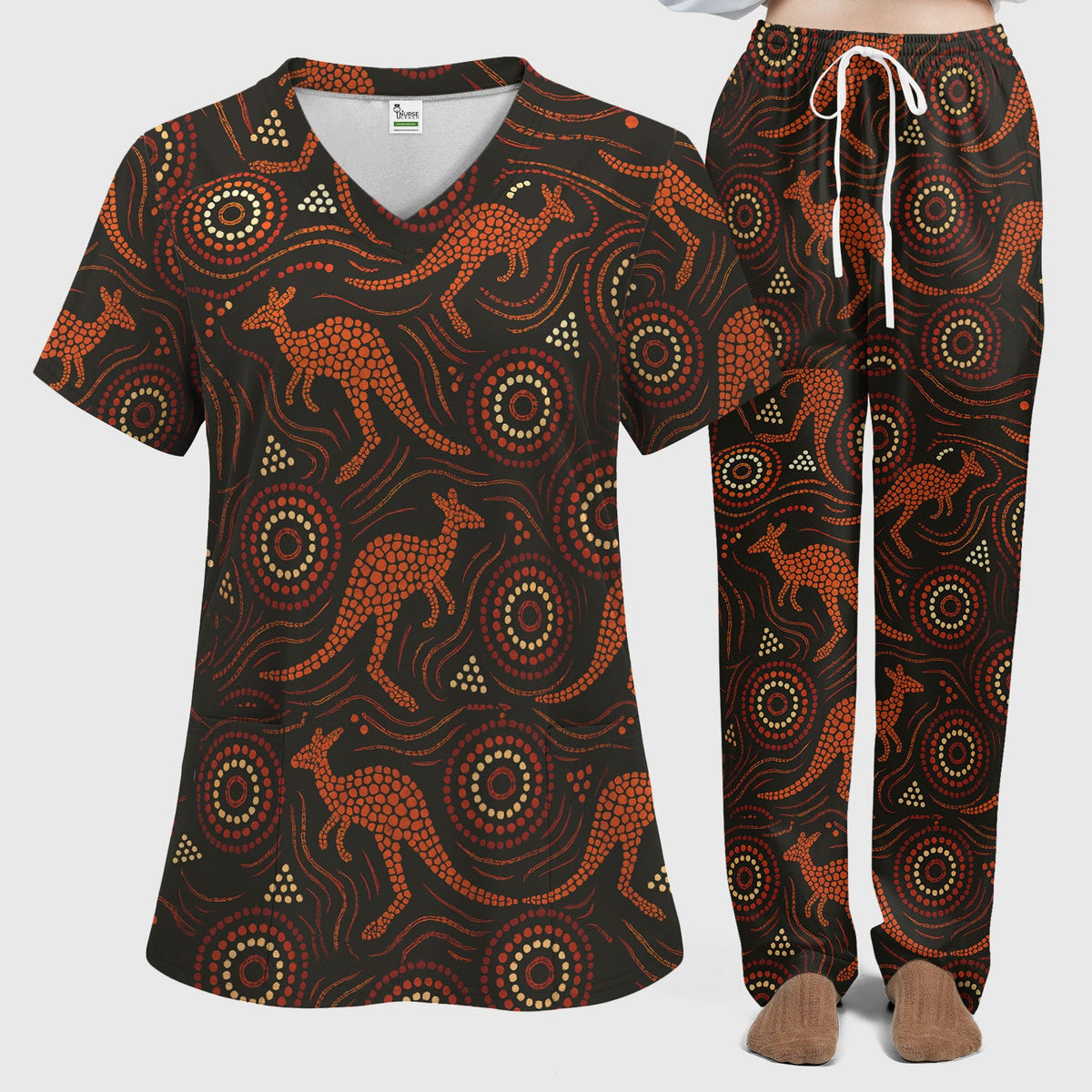 Australian Indigenous Medical Pattern Shirt, Aboriginal Dot Art Kangaroo Nurse Scrub Set,  Breathable Fabrics Nursing Uniform