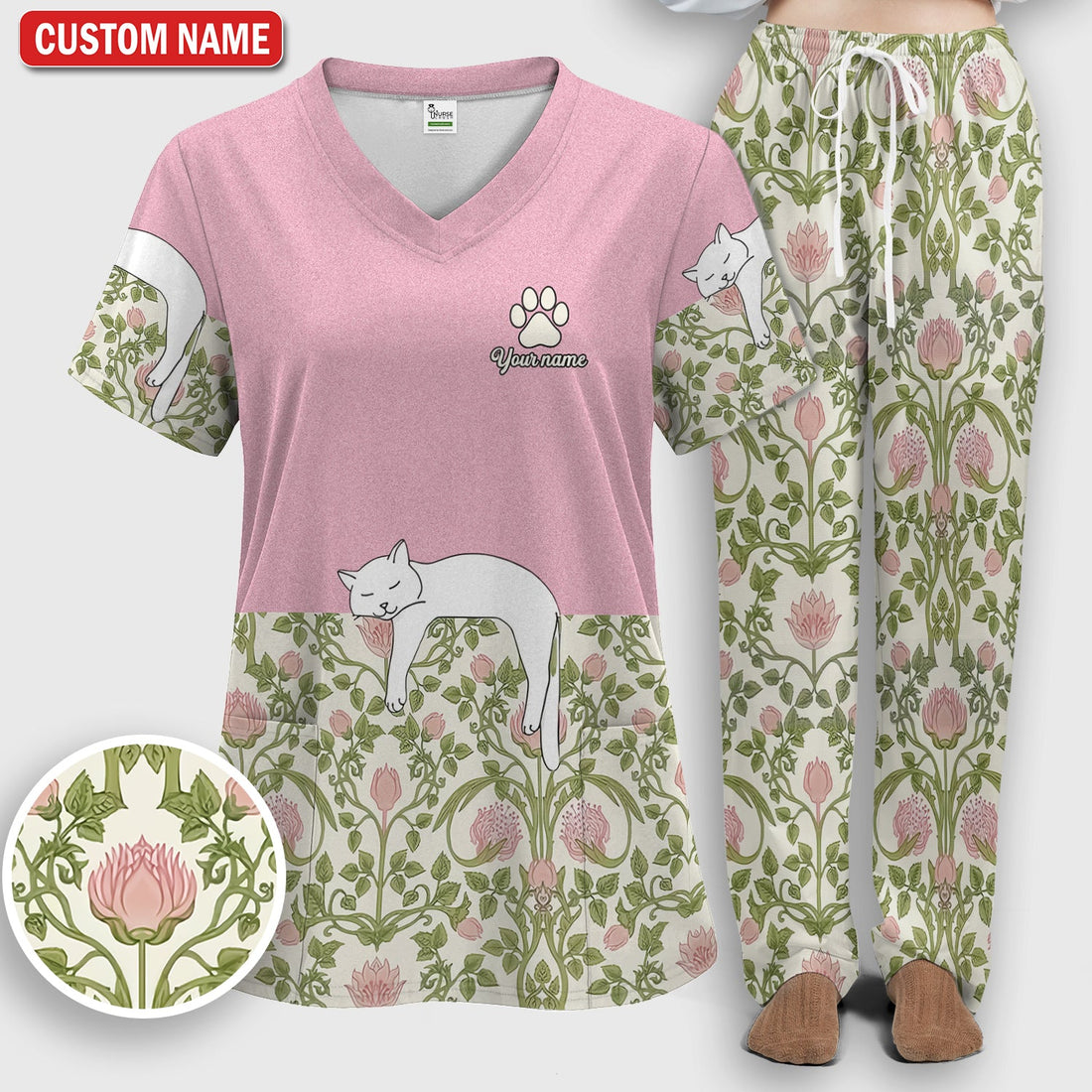 Personalized Cat Floral Nurse Scrub Set