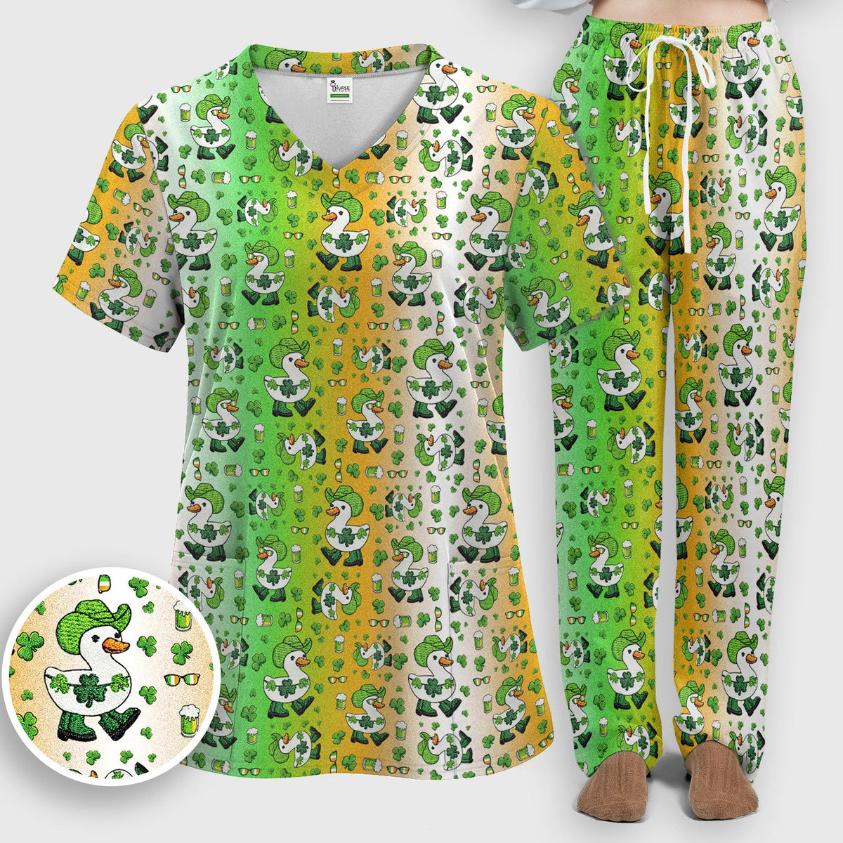 St Patrick Goose Shamrock Nurse Scrub Set