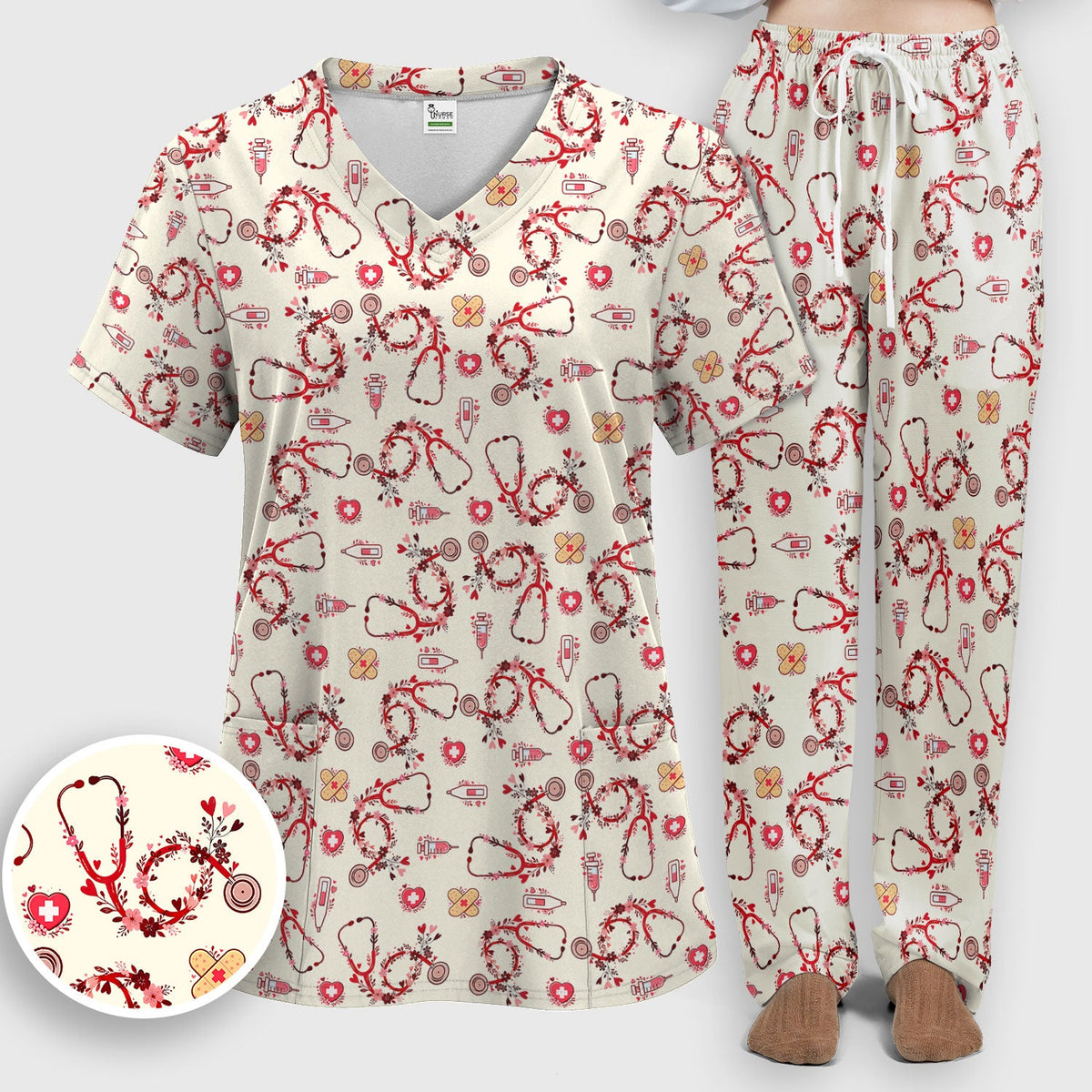 Heart Stethoscope Nurse Scrub Set