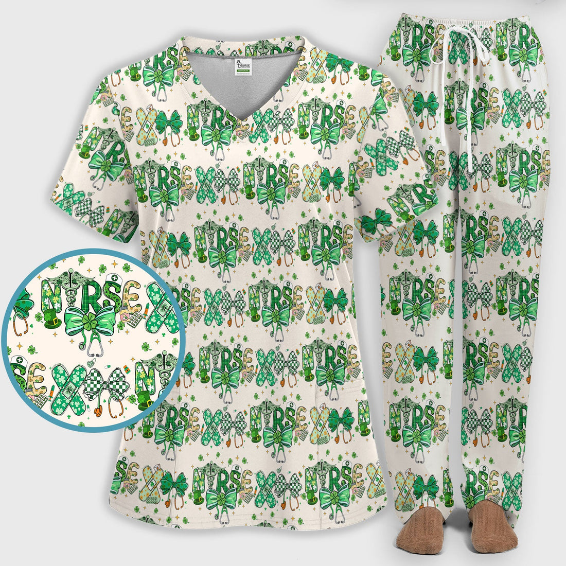 St Patrick Clover Green Bow Nurse Scrub Set