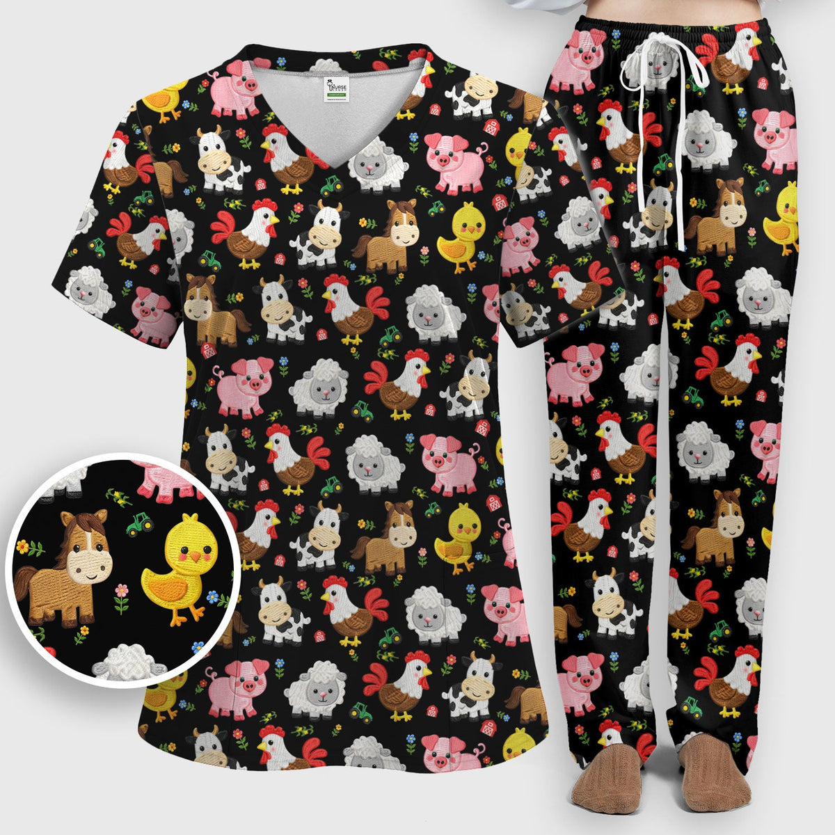 Cartoon Farm Animal Nurse Scrub Set