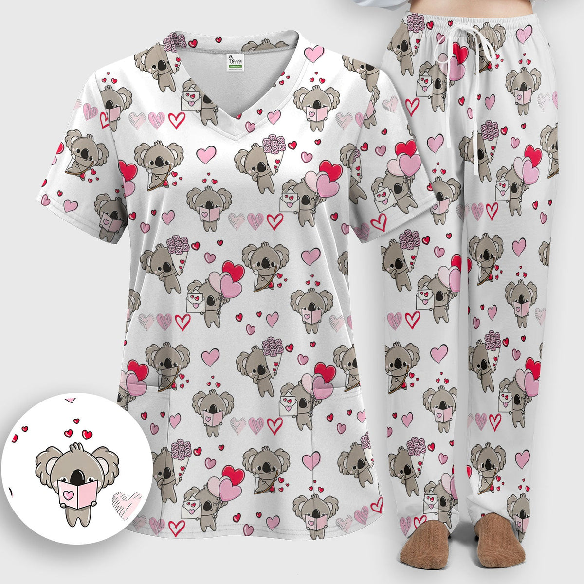 Valentine Koala Holding Flowers Nurse Scrub Set