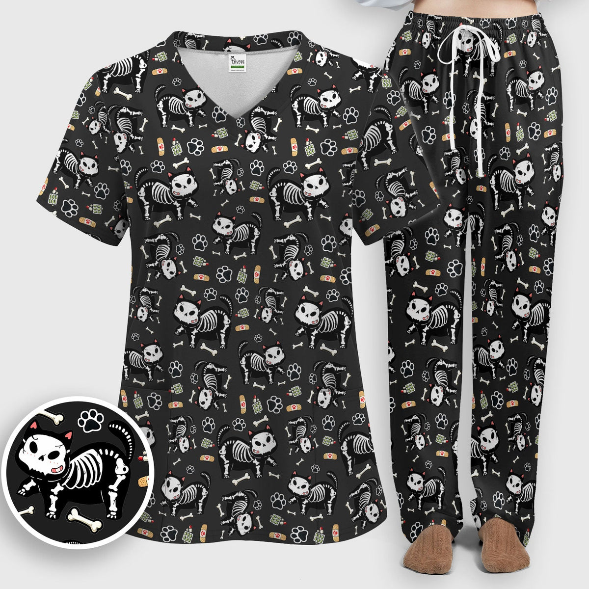Skeleton Cat Medical Pattern Scrub Set, Scrub Pants and V Neck Top