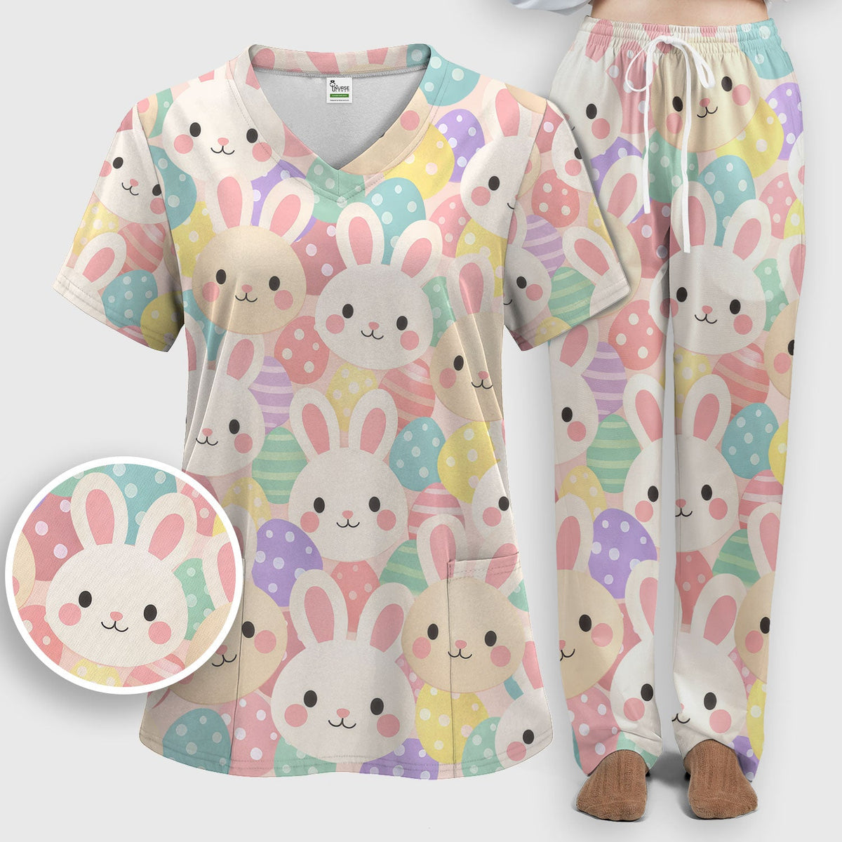 Pastel Bunny Easter Eggs Nurse Scrub Set
