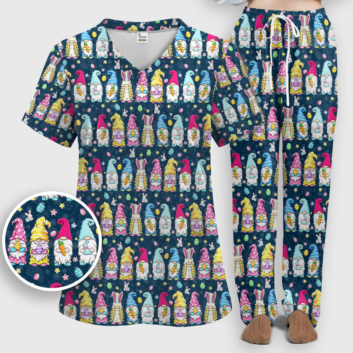 Colorful Easter Gnome Bunny Eggs Nurse Scrub Set