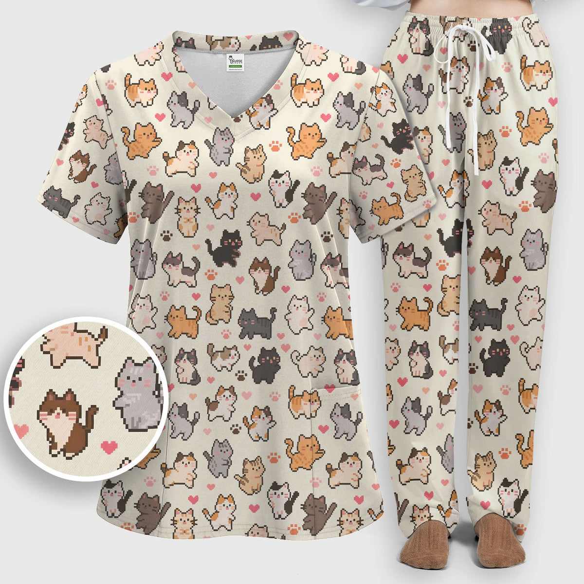 Pixel Cat Heart Paw Nurse Scrub Set
