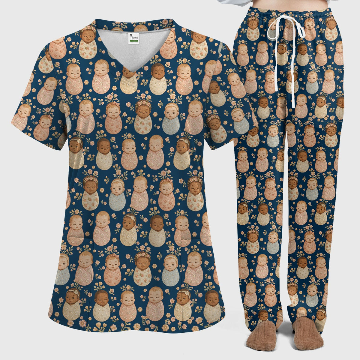 Sweet Newborn Baby Floral Print Women's Scrub Set, Breathable Med Uniform