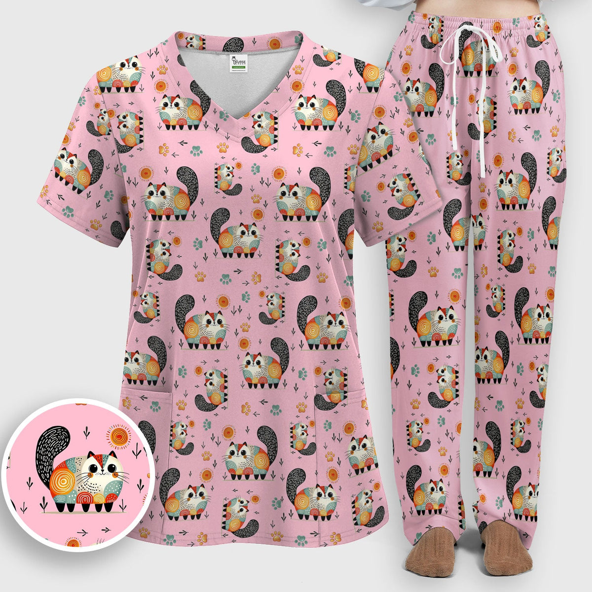 Cat Illustration Nurse Scrub Set