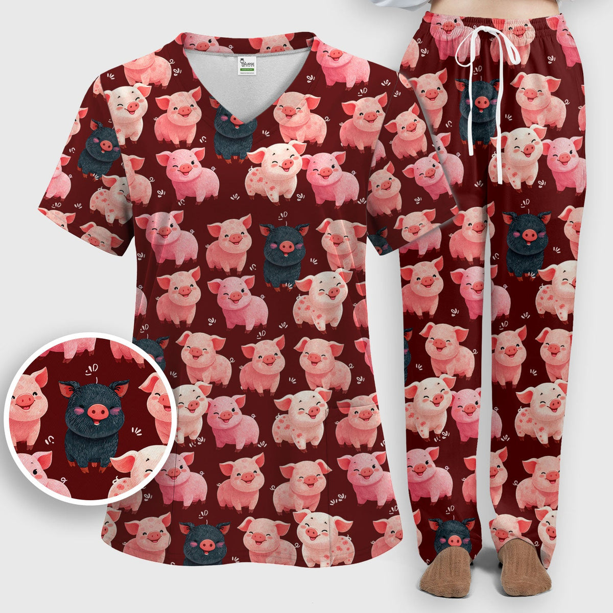 Funny Farm Pig Cartoon Pattern Scrub Set, Nurse Uniform Scrubs Set