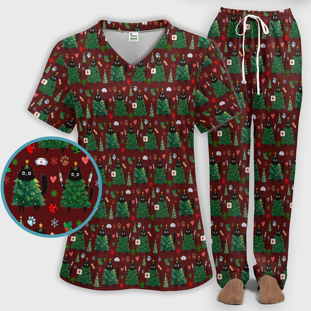 Christmas Black Cat Nurse Scrub Set