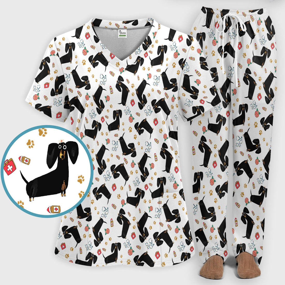 Black Dachshund Nurse Scrub Set - Gift For Dog Lover