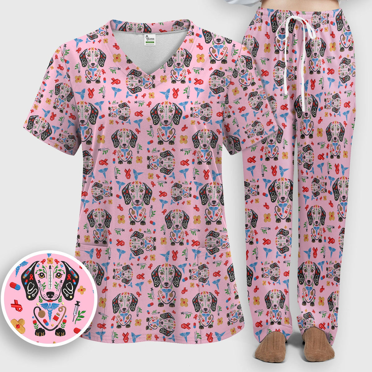 Dachshund Medical Icon Pattern Scrub Set, Women's Scrub Sets