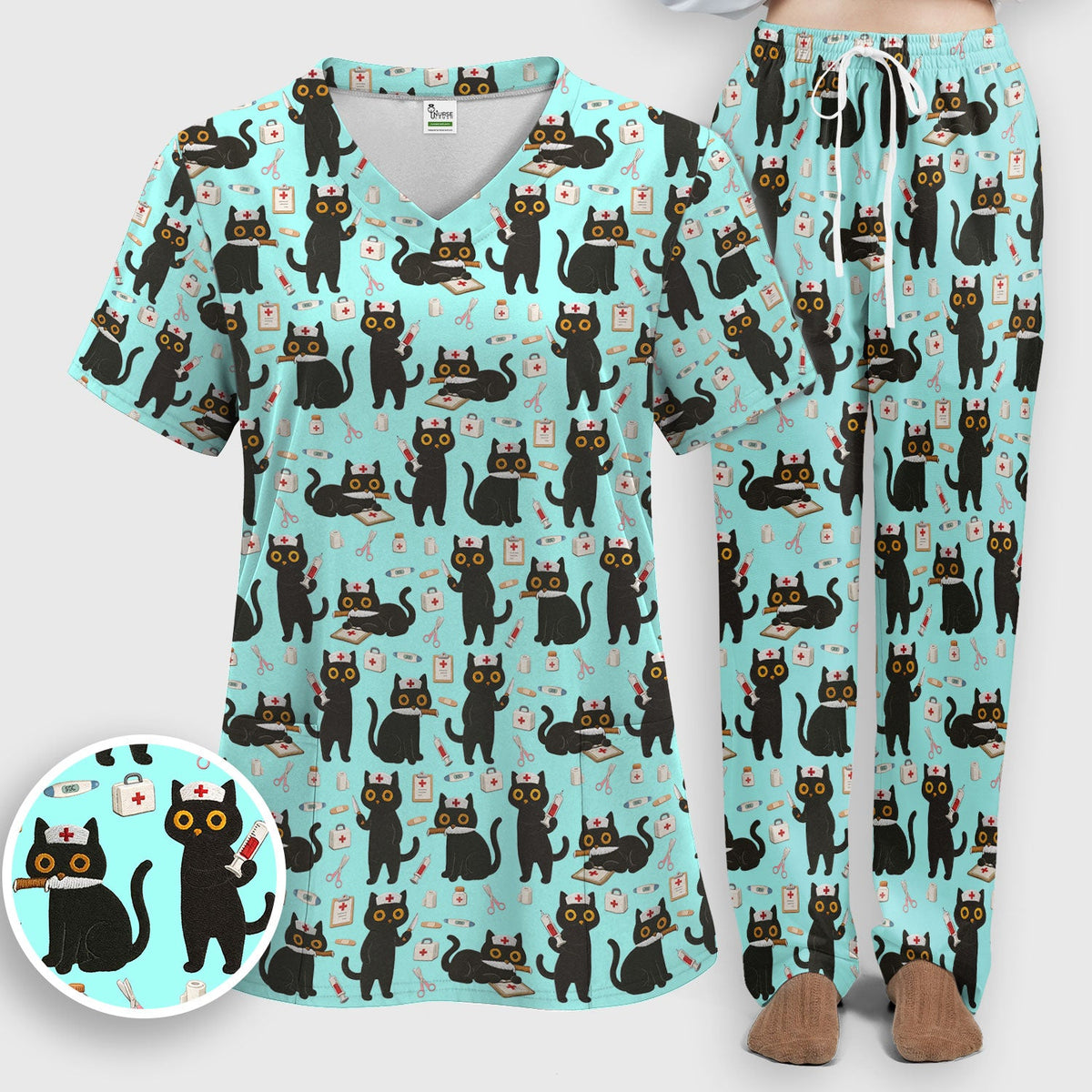 Cute Teal Black Cat Nurse Scrub Set