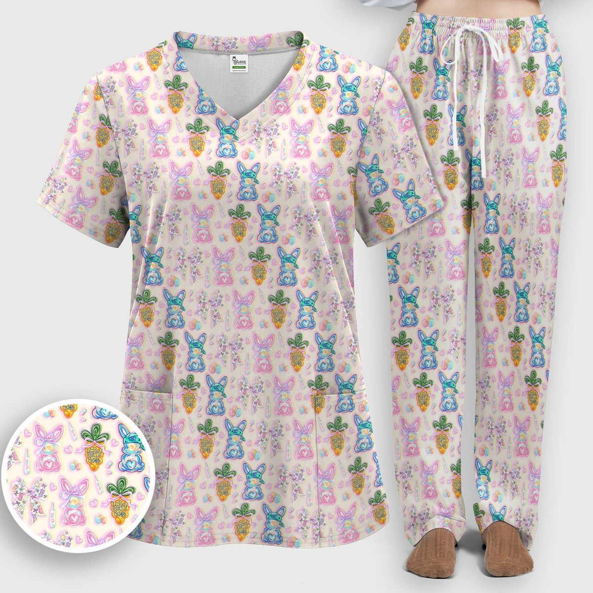 Bunny Carrot Bow Nurse Scrub Set - Easter Gift