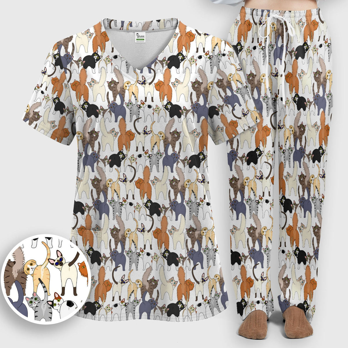 Whimsical Multicolor Cat Cartoon Nurse Scrub Set