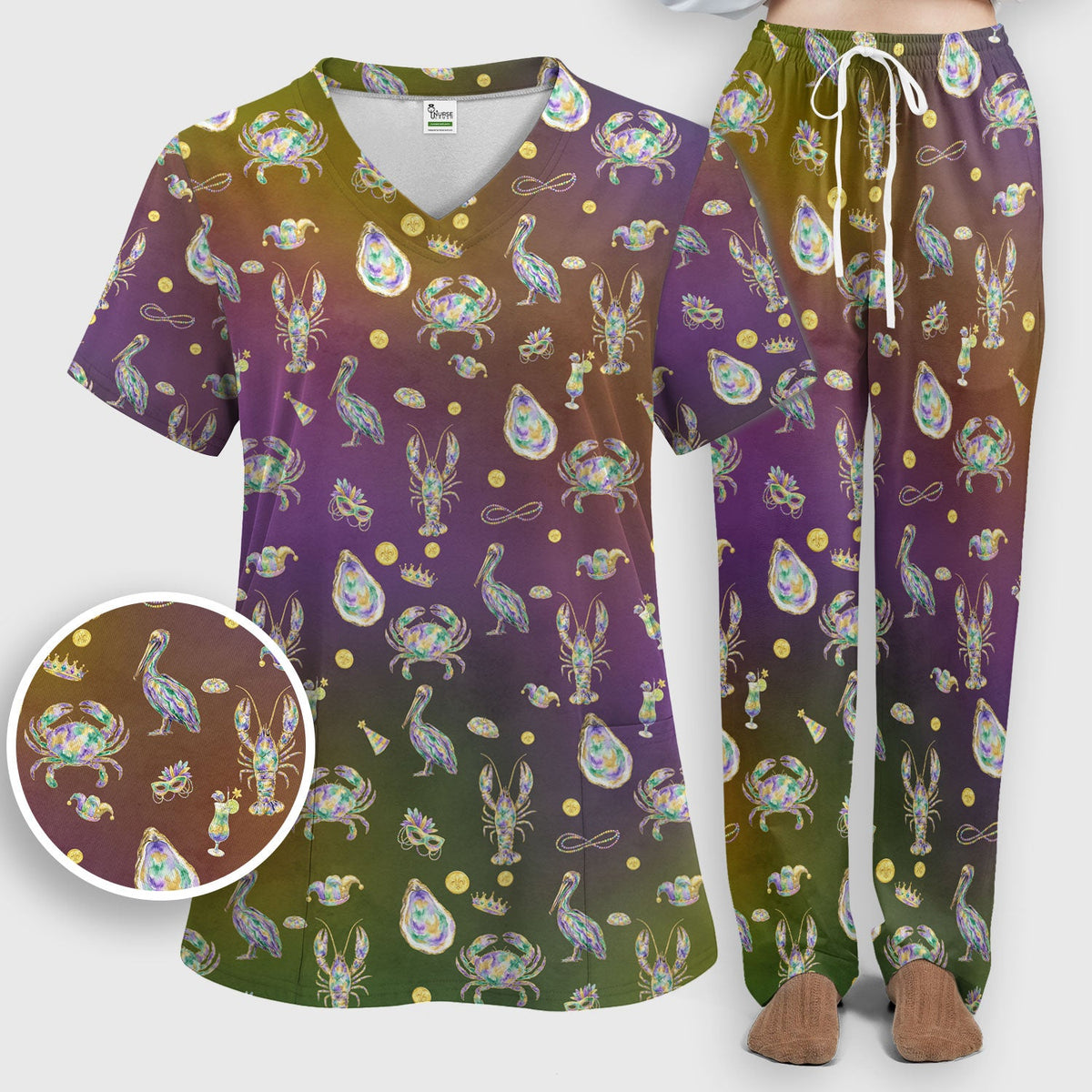 Mardi Gras Seafood Nurse Scrub Set