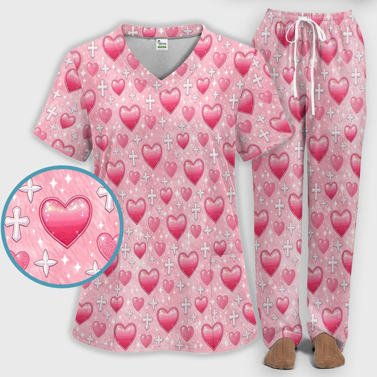 Pink Heart & Cross Pattern Scrub Set, Scrub Pants and V Neck Top