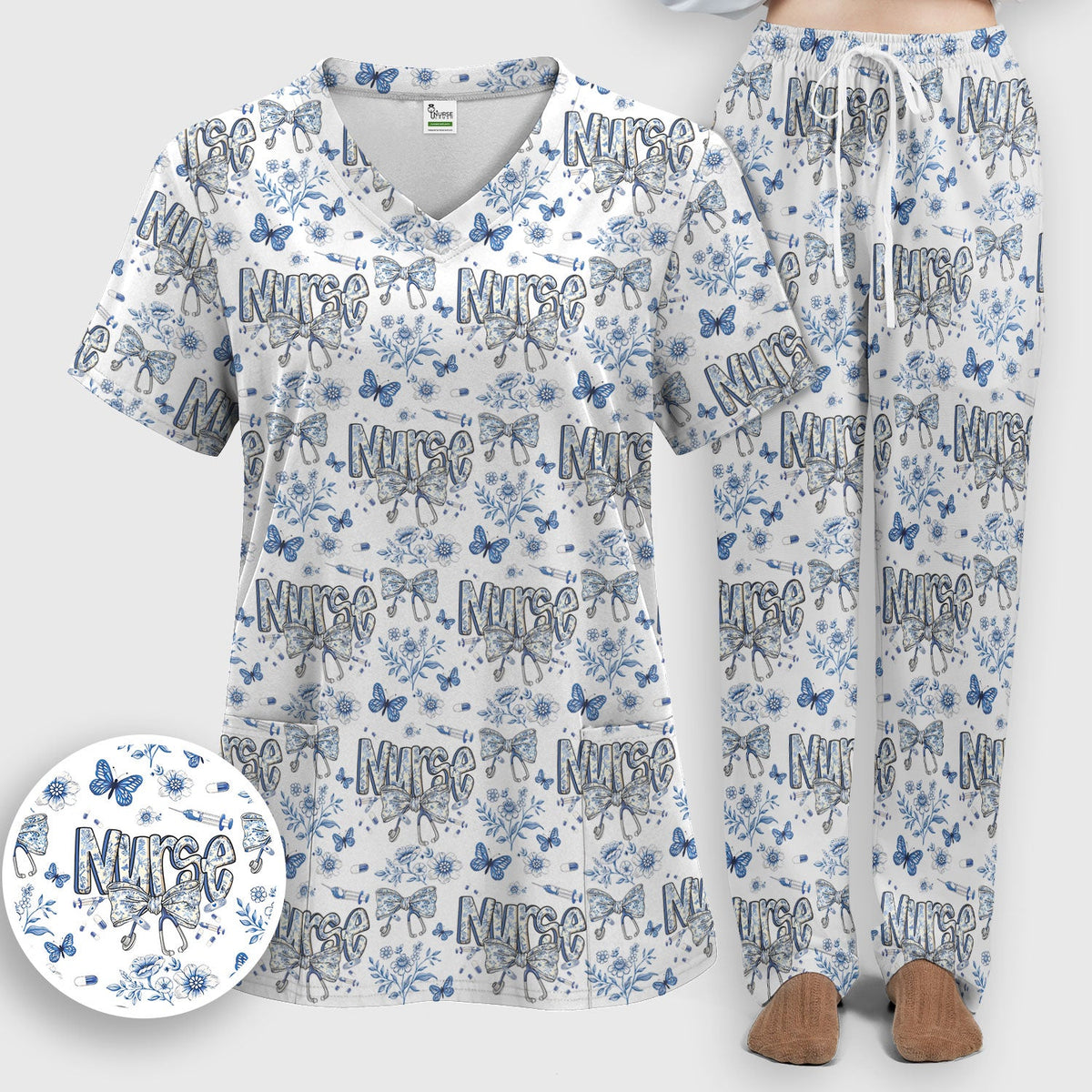Blue Nurse Bow Butterfly Floral Scrub Set