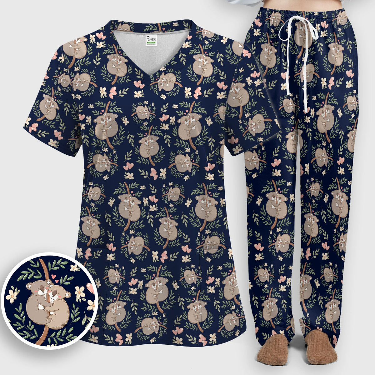 Koala Couple Floral Nurse Scrub Set