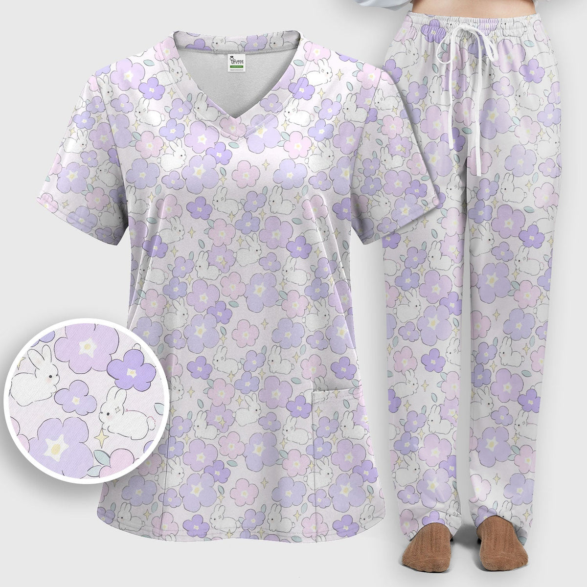 Bunny Floral Pastel Nurse Scrub Set