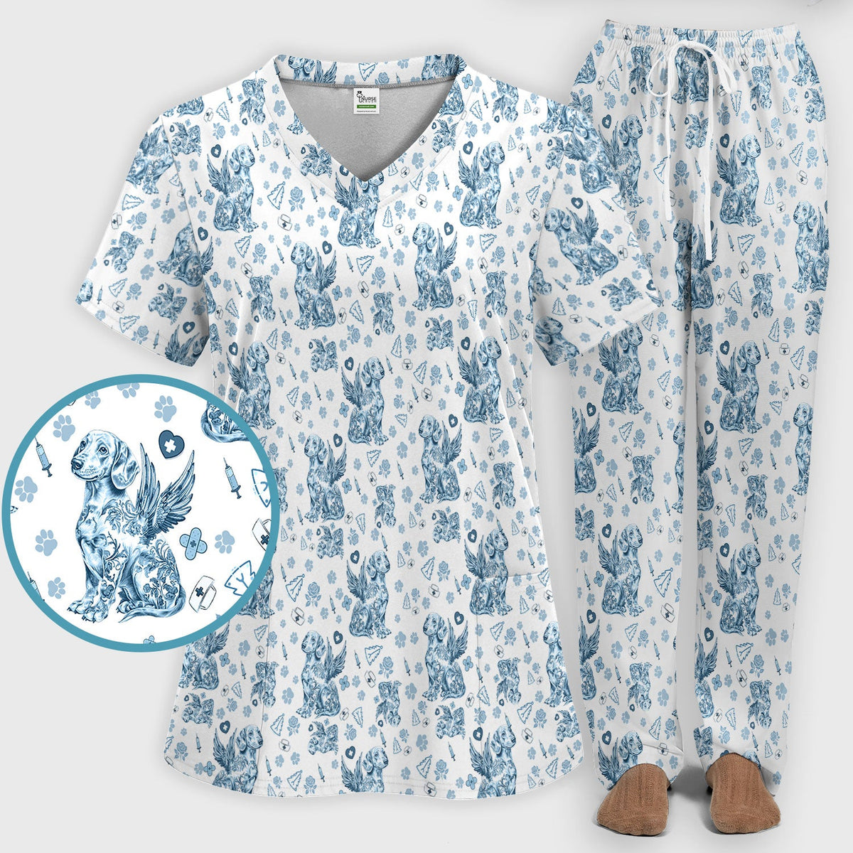 Toile De Jouy Dachshund Angel Nurse Scrub Set