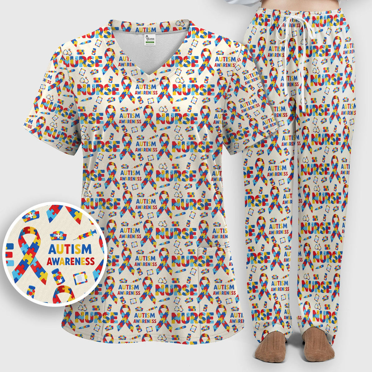 Autism Awareness Puzzle Ribbon Nurse Scrub Set