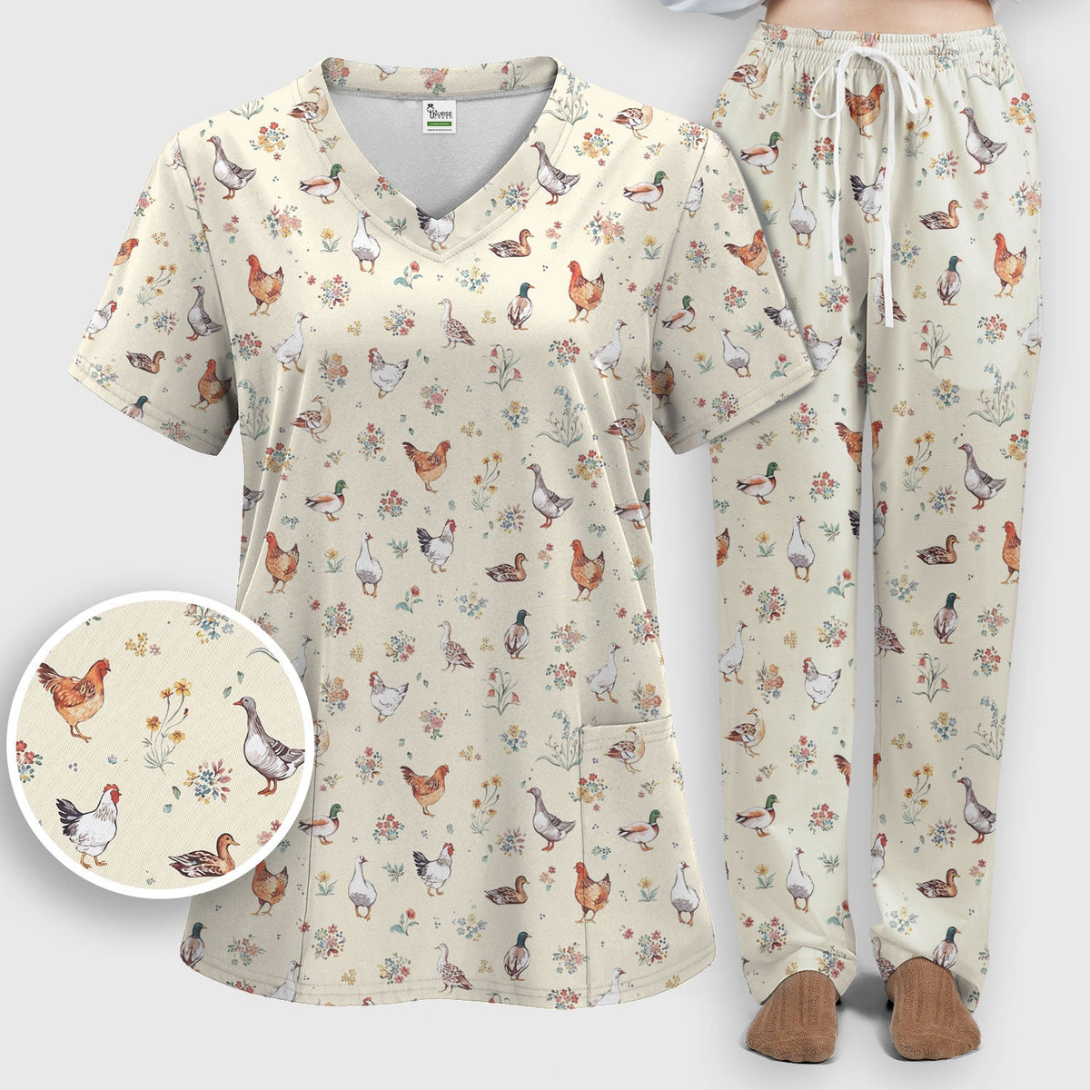 Farm Chicken Duck Floral Nurse Scrub Set