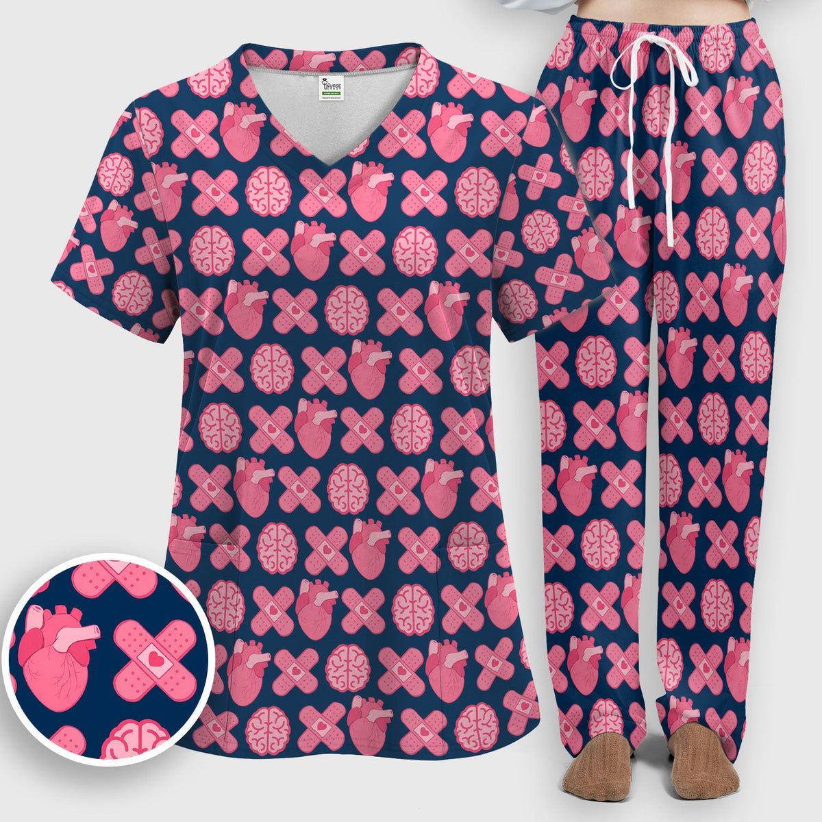 Heart Brain Medical Icon Nurse Scrub Set