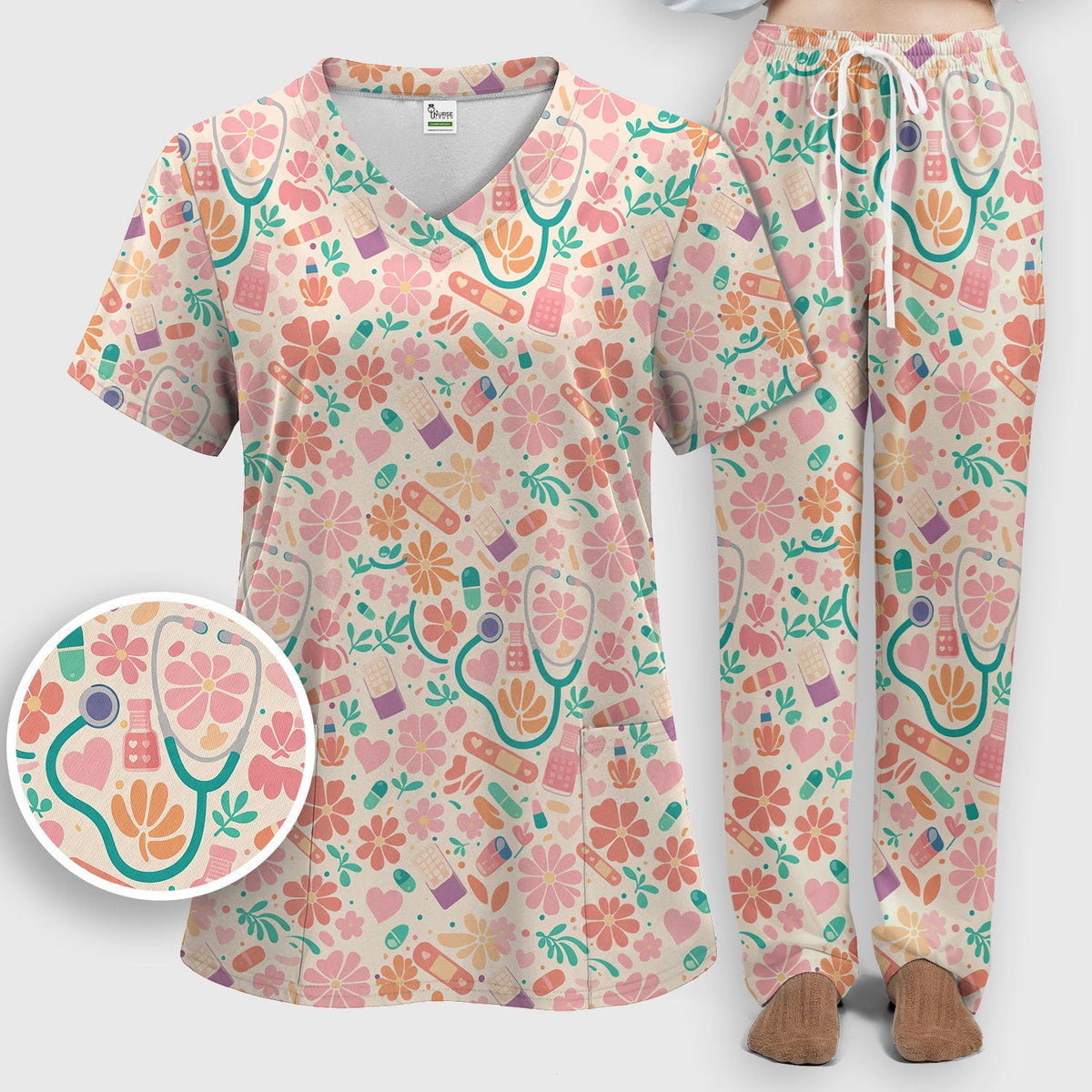 Medical Floral Nurse Scrub Set
