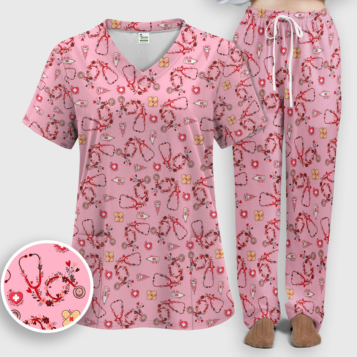 Heart Stethoscope Nurse Scrub Set