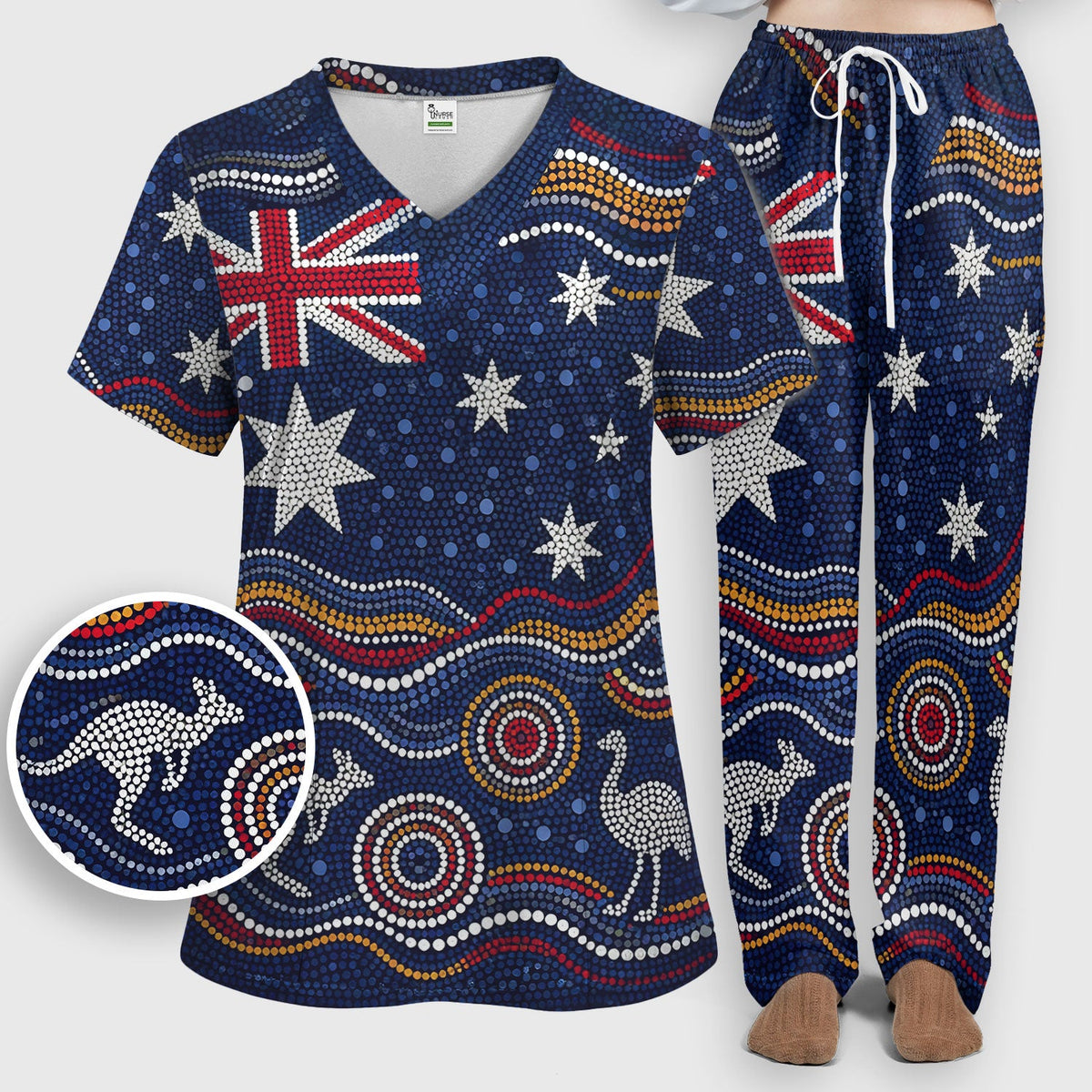 Australian Aboriginal Art Pattern Nurse Scrub Set, Kangaroo Dot Nurses Shirt For Women, Breathable Fabrics Nursing Uniform