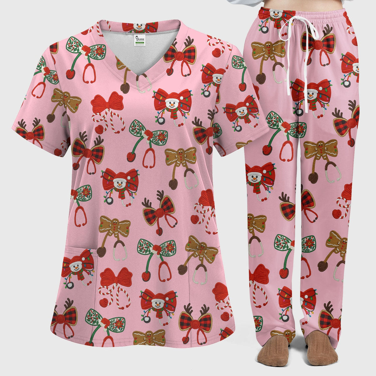 Christmas Stethoscope Bow Nurse Scrub Set