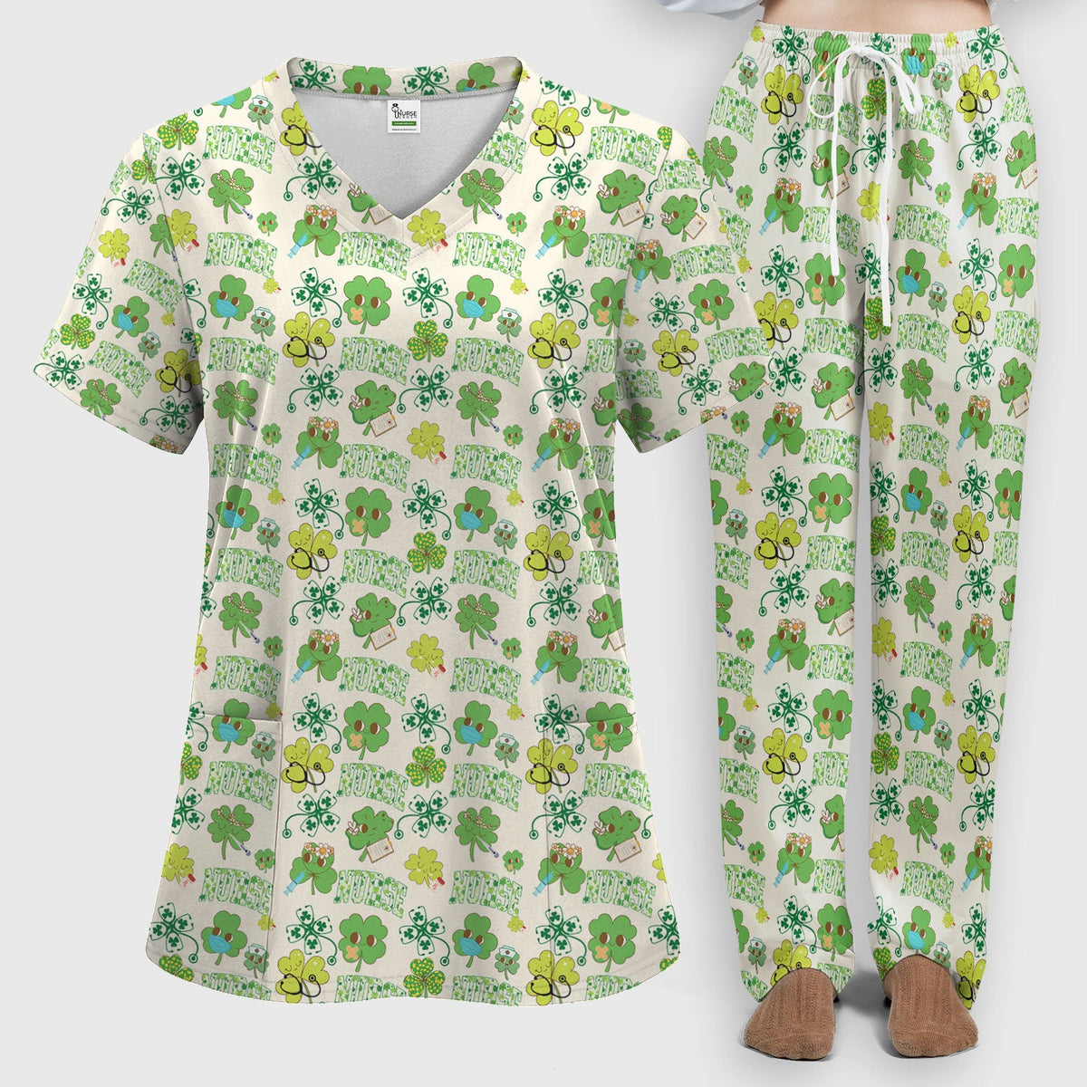 Lucky Shamrock Nurse Scrub Set, St. Patrick’s Day Nursing Shirt, Breathable Fabrics Nursing Uniform