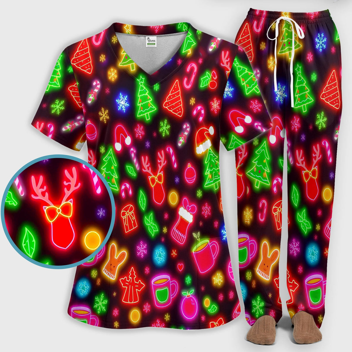 Reindeer Neon Xmas Scrub Set, Christmas Pattern Scrub Shirt,  Breathable Fabrics Nursing Uniform