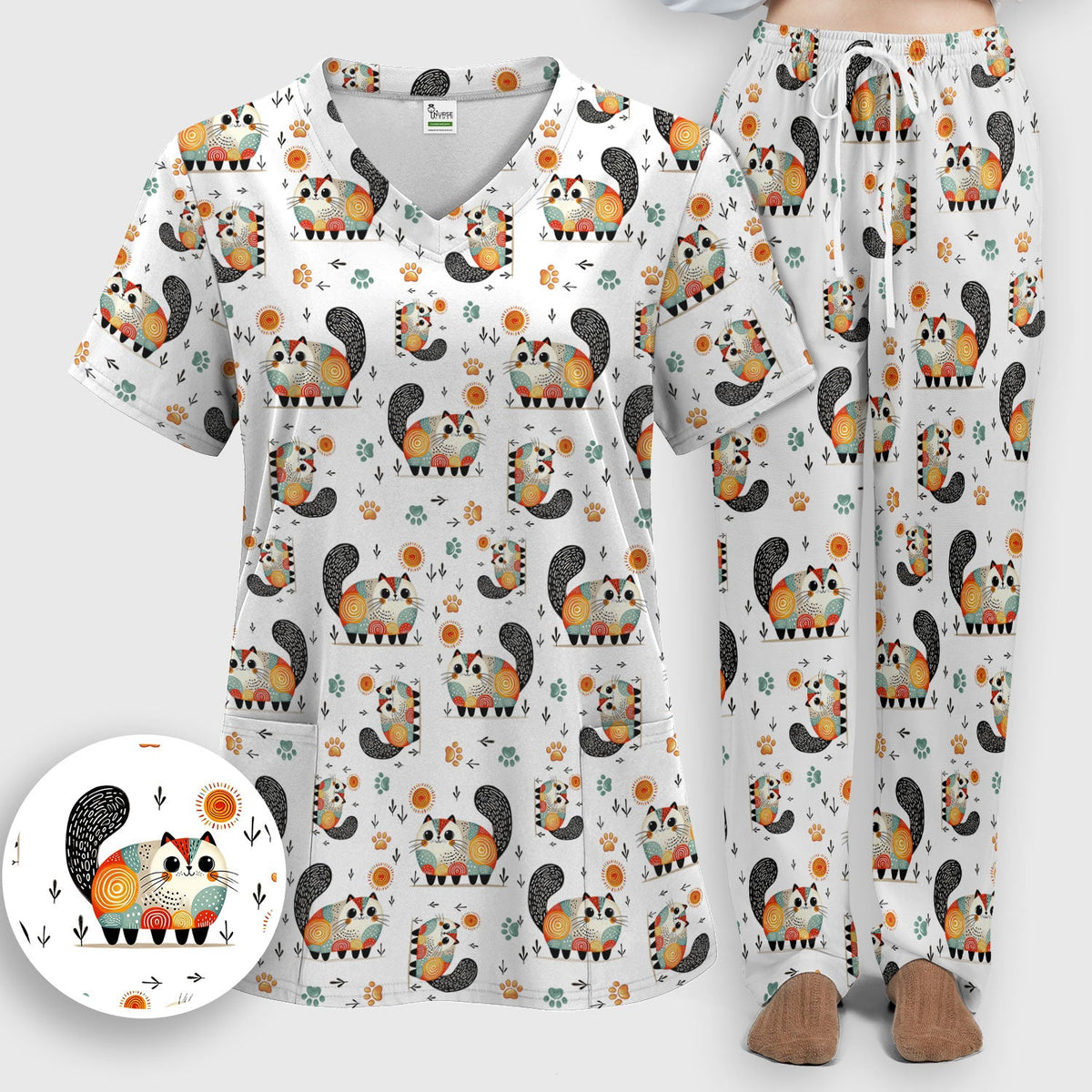 Cat Illustration Nurse Scrub Set