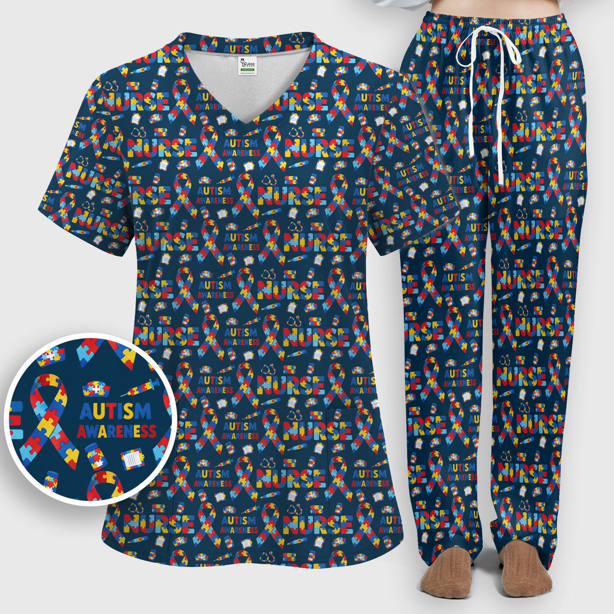 Autism Awareness Puzzle Ribbon Nurse Scrub Set