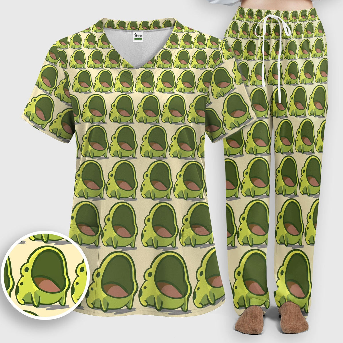 Green Frog Cartoon Nurse Scrub Set