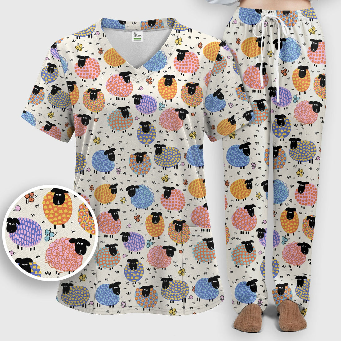 Adorable Colorful Sheep Nurse Scrub Set