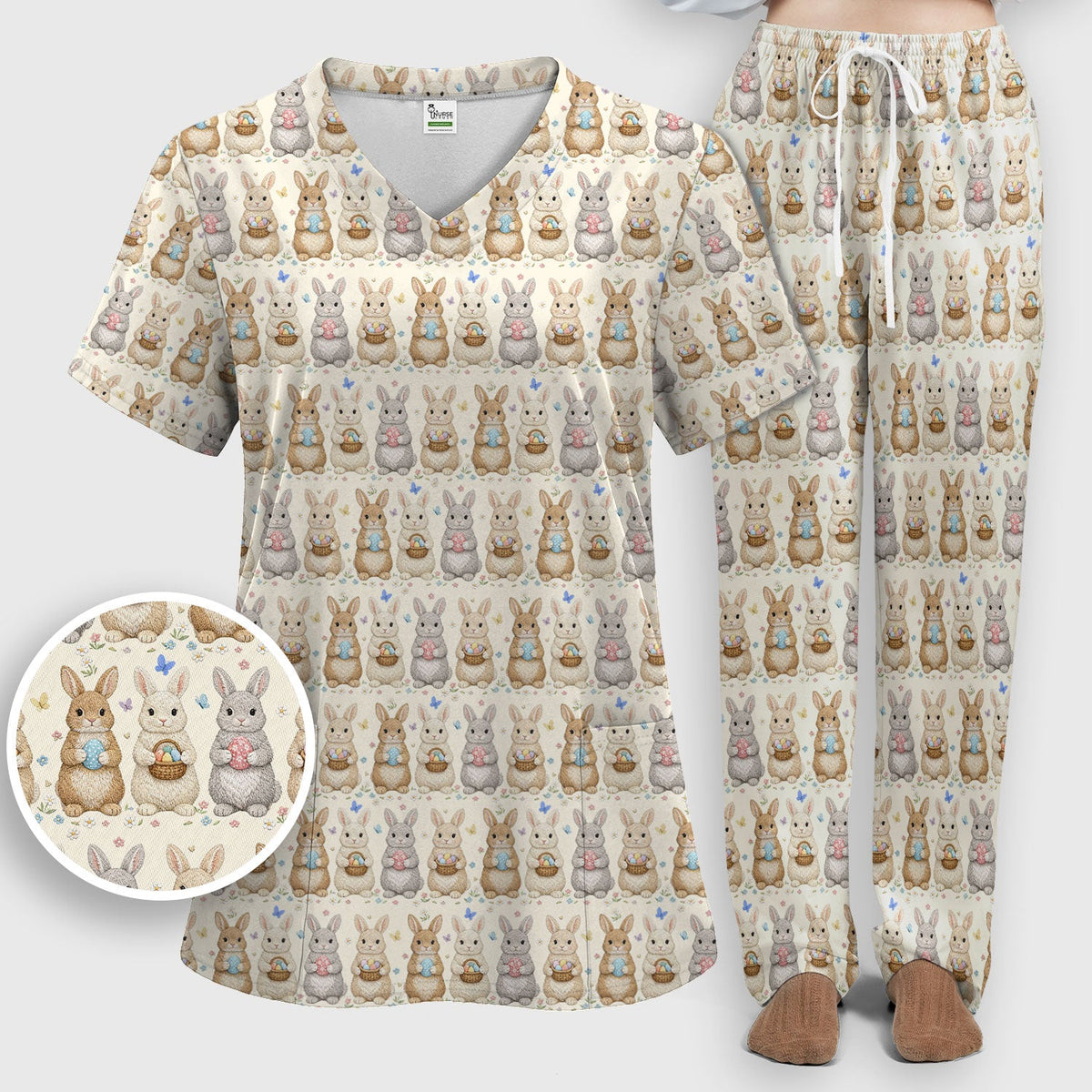 Bunny Basket Pastel Nurse Scrub Set - Easter Gift