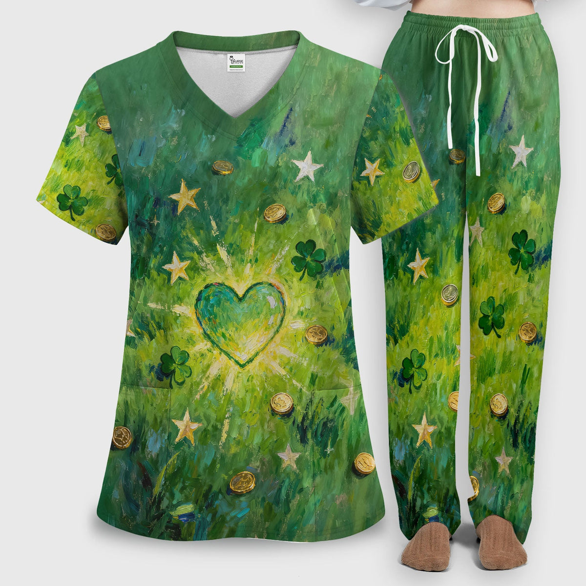 St Patrick Lucky Shamrock Heart Nurse Scrub Set