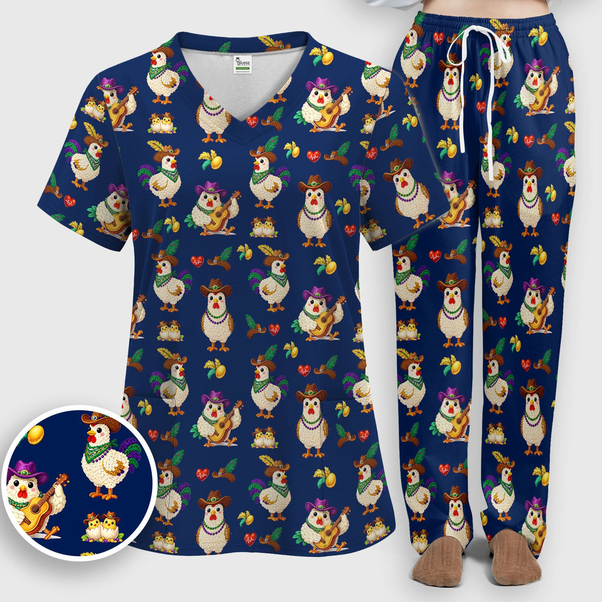 Mardi Gras Rooster Cowboy Nurse Scrub Set