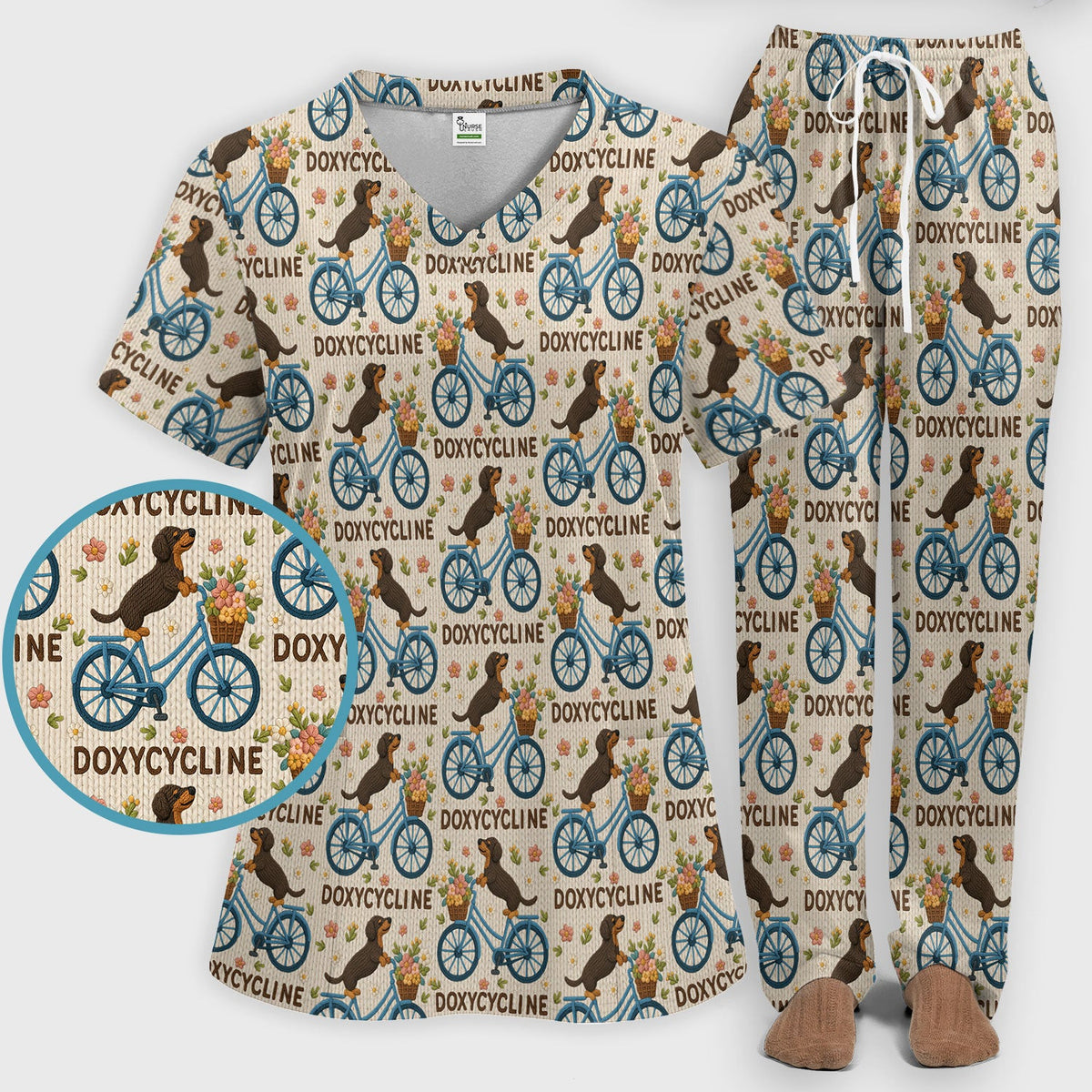 Doxycycline Pharmacy Pun Scrub Set - Dachshund on Bicycle Pharmacists Scrubs Pants and V Neck Top - Veterinary Technicians Gift