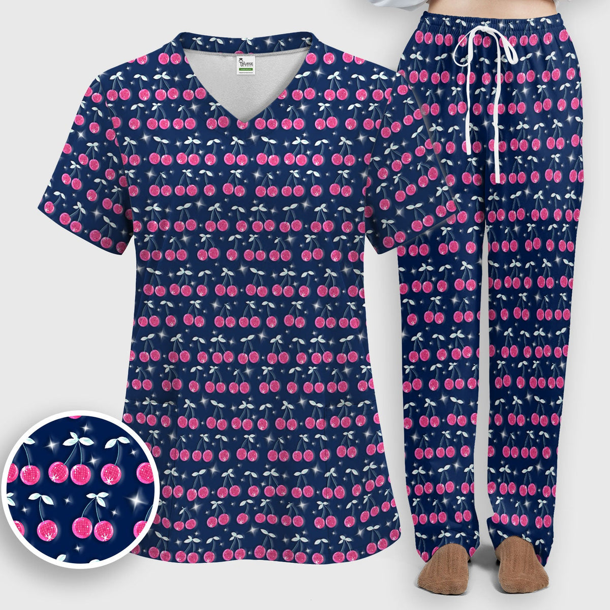 Pink Cherry Sparkle Nurse Scrub Set