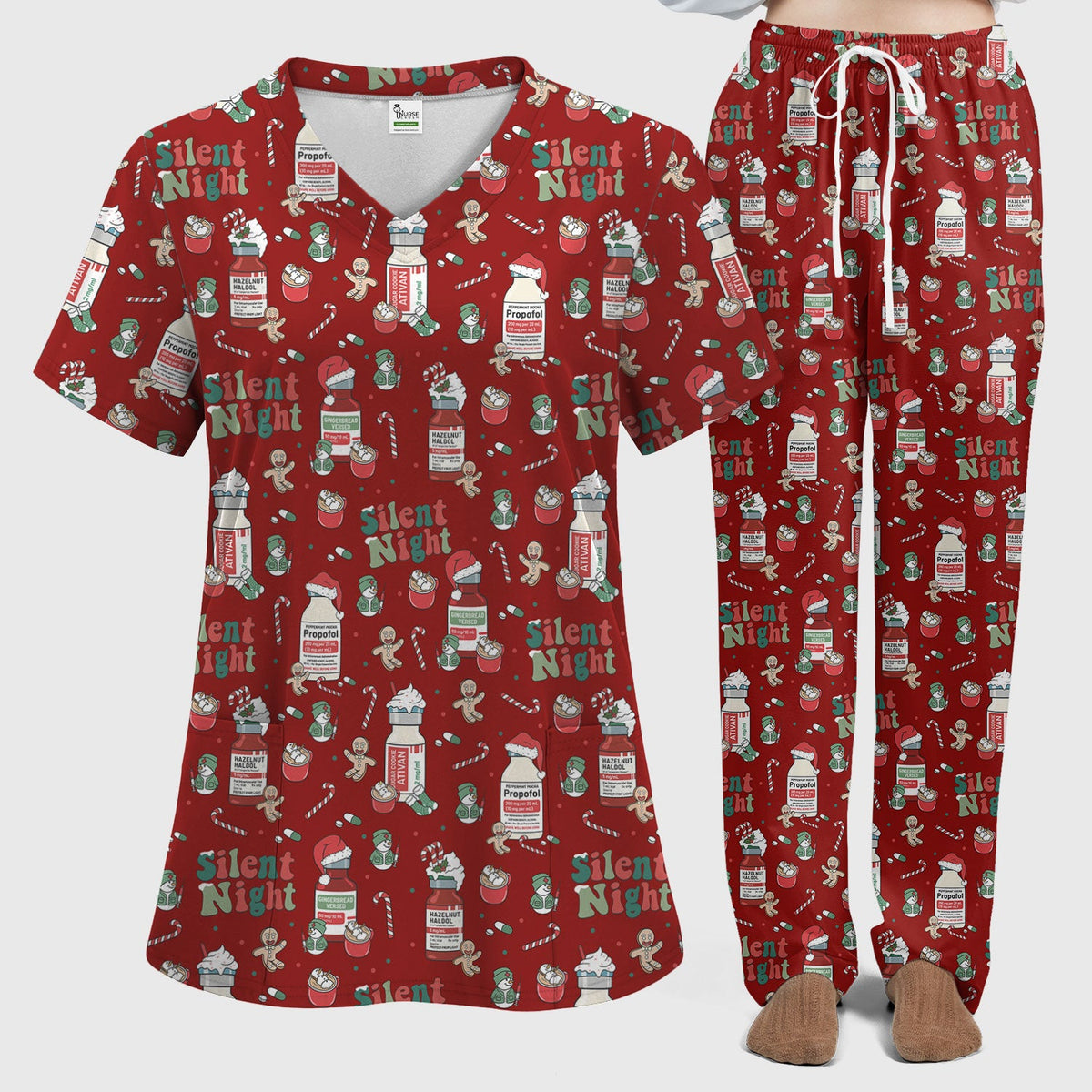 Christmas Medicine Scrub Set for Nurses - Silent Night Propofol Print Scrubs Pants and Top - Funny Holiday Medical Scrub Gift for Women RN CNA LPN