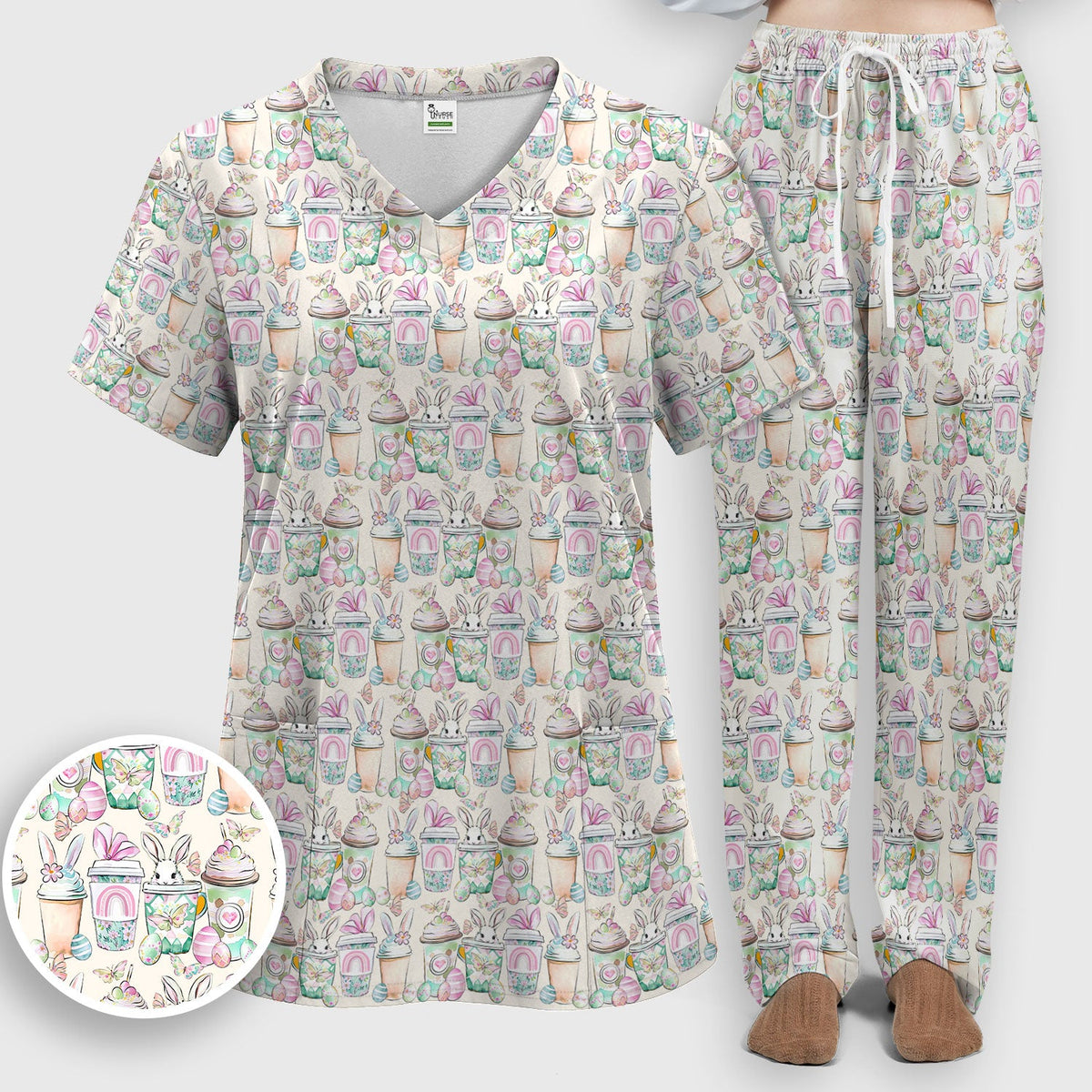 Bunny Coffee Cup Nurse Scrub Set - Easter Gift